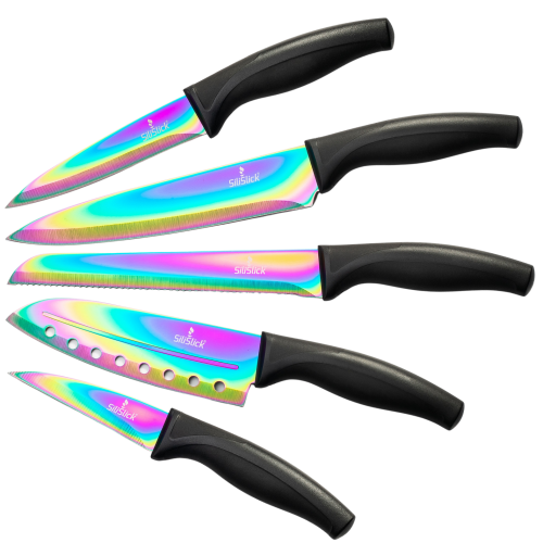 SiliSlick Kitchen Knife Set Titanium Coated Sharp Stainless Steel Rainbow Blades in its Own Sheath SiliSlick Kitchen Knife Set Titanium Coated Sharp Stainless Steel Rainbow Blades in its Own Sheath