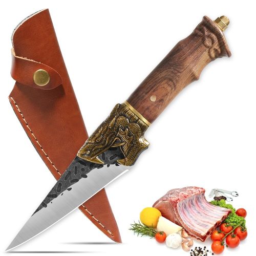 Qulajoy Boning Knife - Hand Forged Camping Knife 7Cr17MOV Blade - Dragon Head Handle And Leather Sheath - Unique Dragon Style - Viking Knife For Hunti